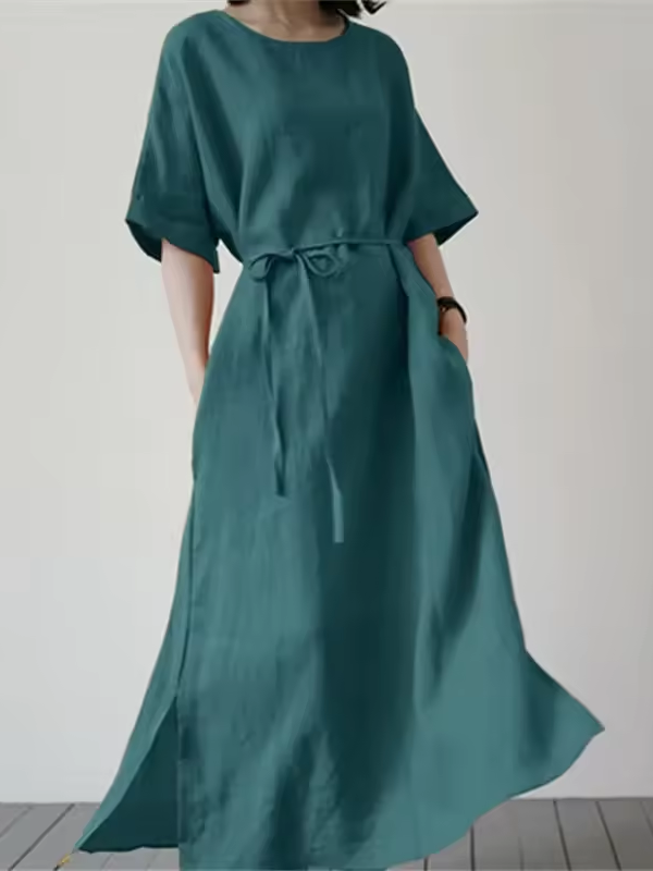Nell - Loose Dress with Belt and Side Slit (Plus Size Available)
