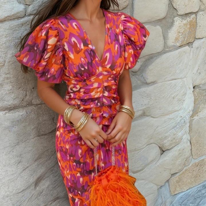 Women's Wedding Guest Midi Dress with V-Neck and Puff Sleeves