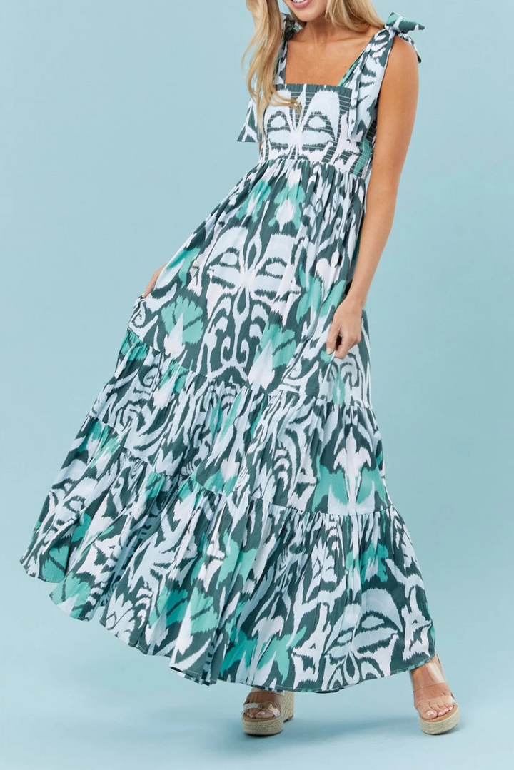 Naomi - Boho Gingham Smocked Maxi Dress with Tied Straps