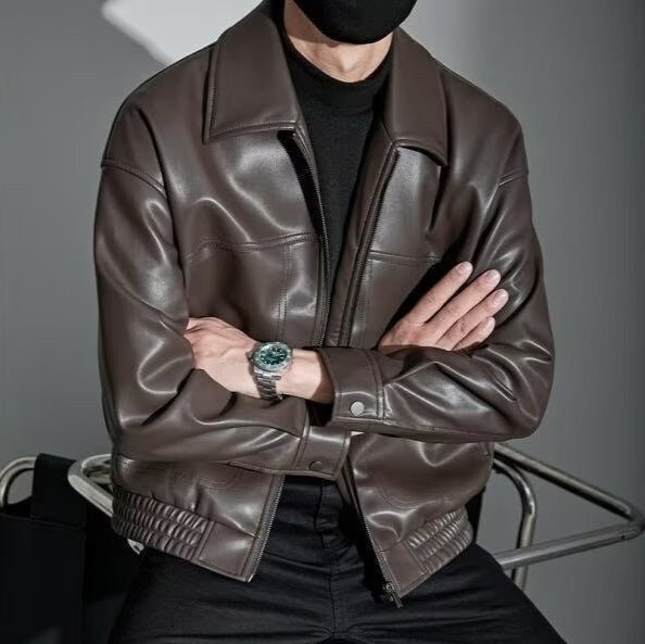 Men's Leather Look Bomber Jacket with Relaxed Fit and Zip Front