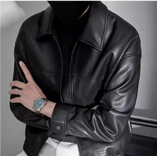 Men's Leather Look Bomber Jacket with Relaxed Fit and Zip Front