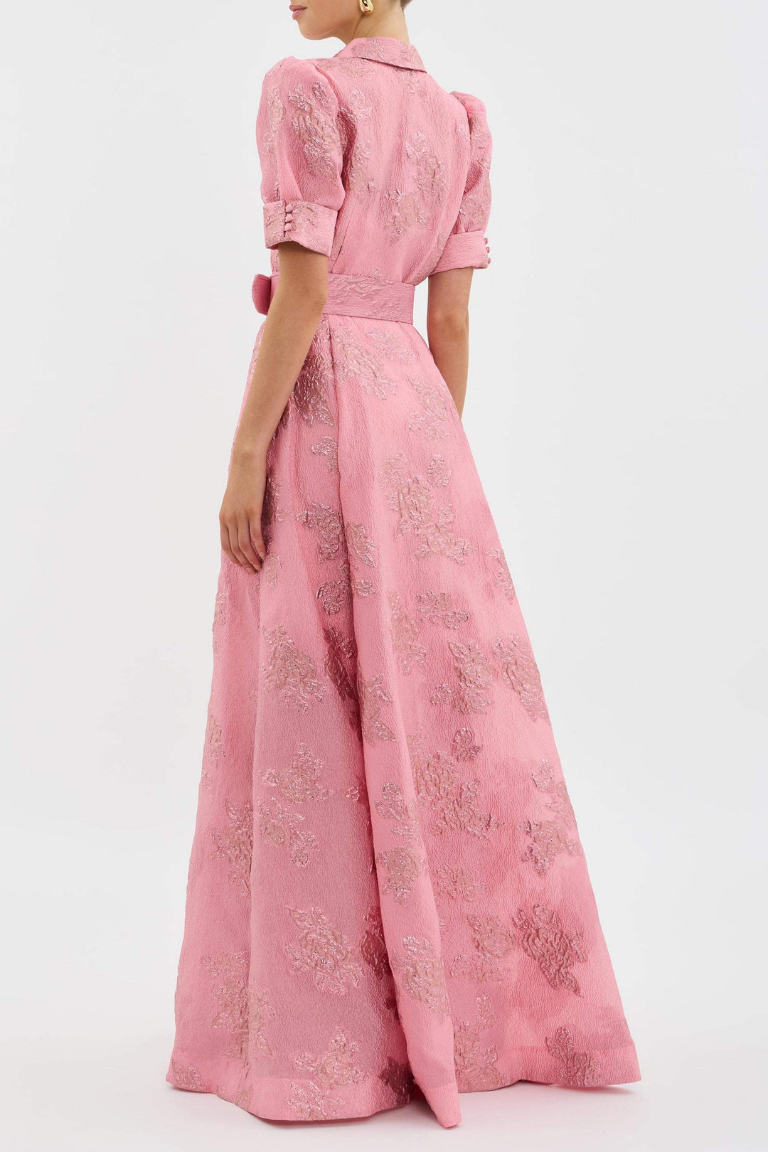 Pink Floral Maxi Dress with Belt and Puff Sleeves