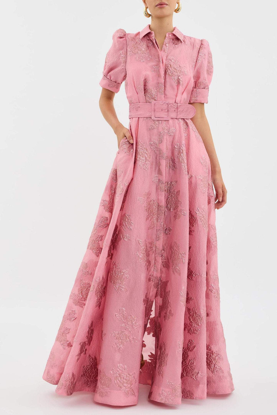 Pink Floral Maxi Dress with Belt and Puff Sleeves
