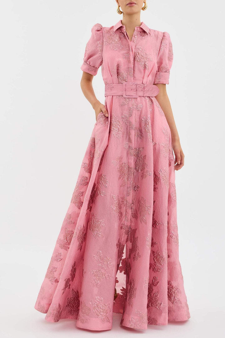 Pink Floral Maxi Dress with Belt and Puff Sleeves