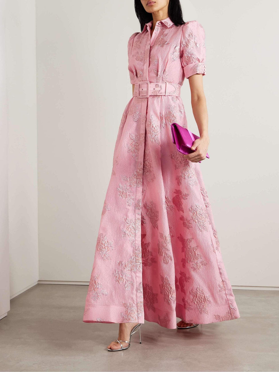 Pink Floral Maxi Dress with Belt and Puff Sleeves