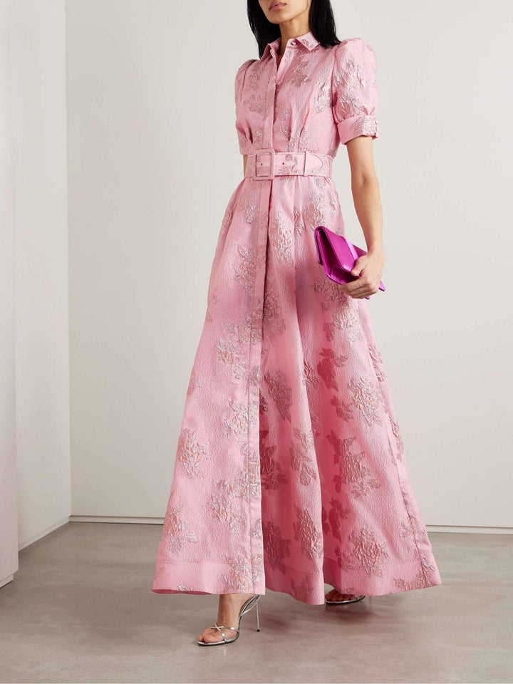 Pink Floral Maxi Dress with Belt and Puff Sleeves
