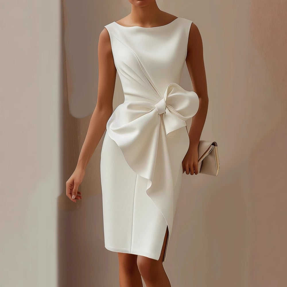Elegant Fitted Midi Dress with Waist Bow Detail