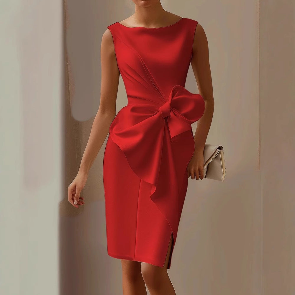 Elegant Fitted Midi Dress with Waist Bow Detail
