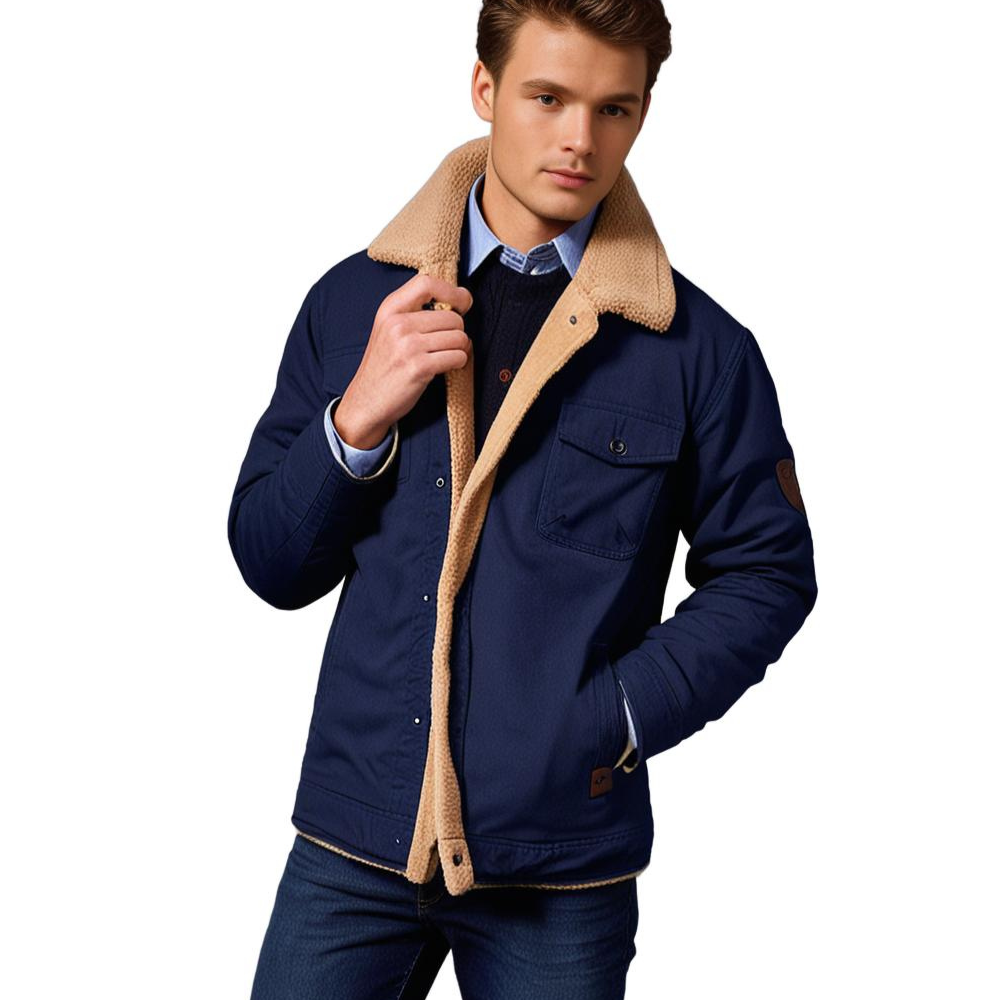 Men's Denim Bomber Jacket with Zip Front and Side Pockets