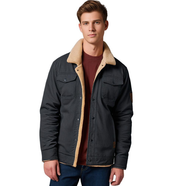 Men's Denim Bomber Jacket with Zip Front and Side Pockets