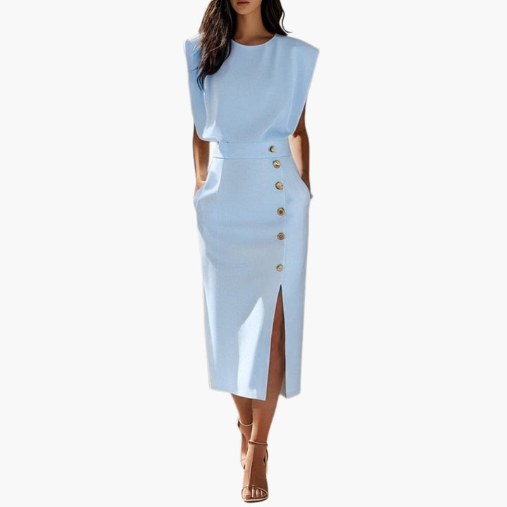 Elegant Button-Detail Midi Dress with Side Slit