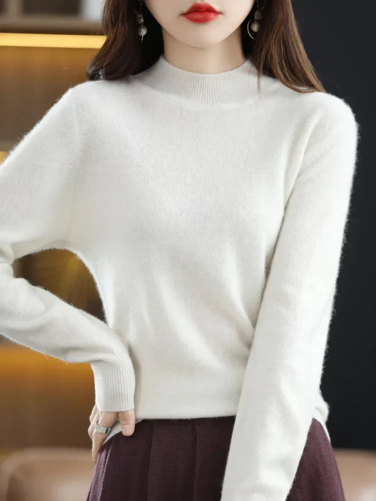 Women's Long Sleeve Knit Jumper with a High Neck – White