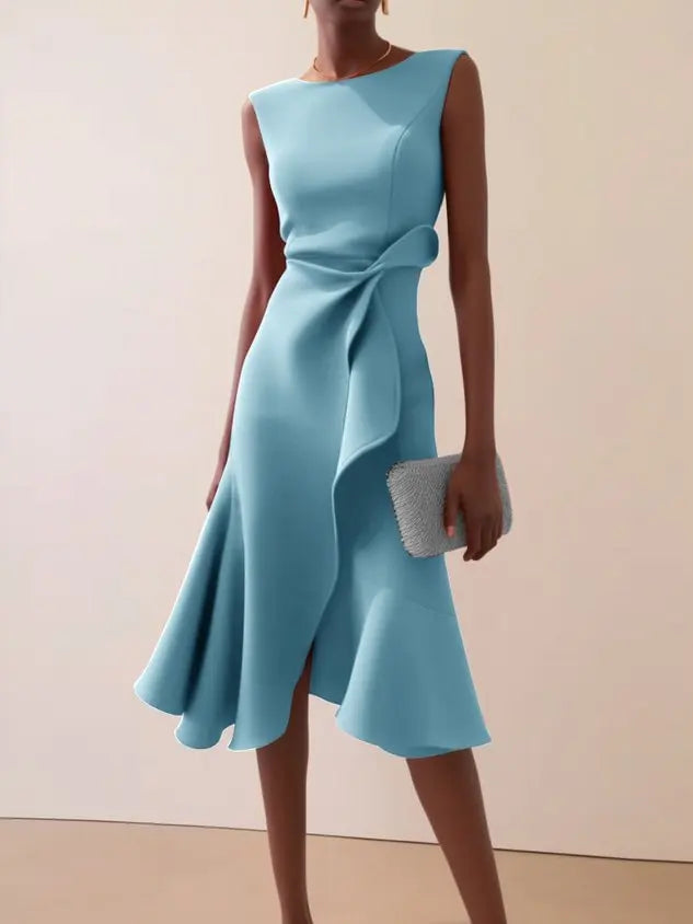 Sleeveless Midi Dress with Draped Waist and Asymmetric Hem