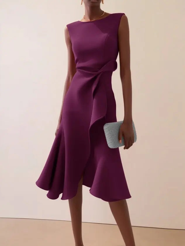 Sleeveless Midi Dress with Draped Waist and Asymmetric Hem