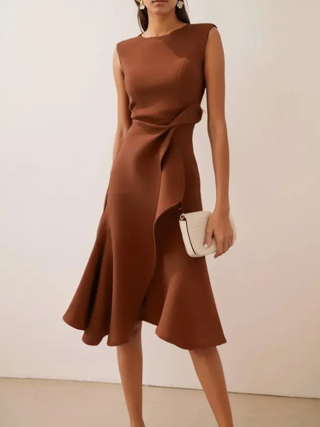 Sleeveless Midi Dress with Draped Waist and Asymmetric Hem