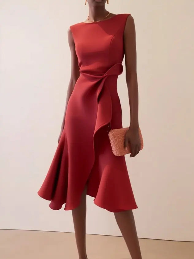 Sleeveless Midi Dress with Draped Waist and Asymmetric Hem