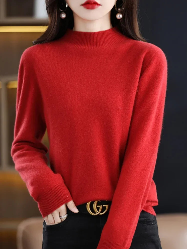 Women's Long Sleeve Knit Jumper with a High Neck – Red