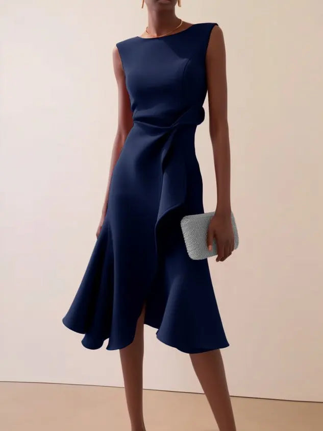 Sleeveless Midi Dress with Draped Waist and Asymmetric Hem