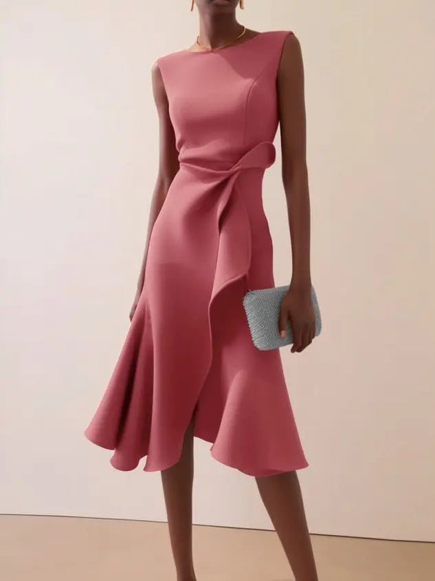 Sleeveless Midi Dress with Draped Waist and Asymmetric Hem
