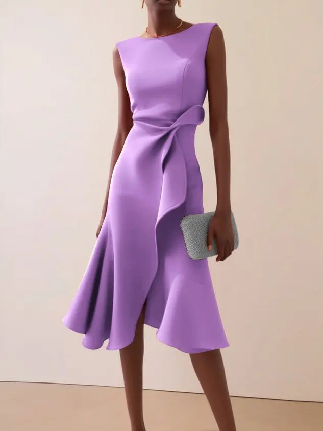Sleeveless Midi Dress with Draped Waist and Asymmetric Hem