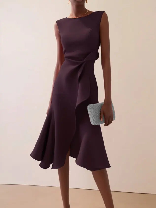 Sleeveless Midi Dress with Draped Waist and Asymmetric Hem