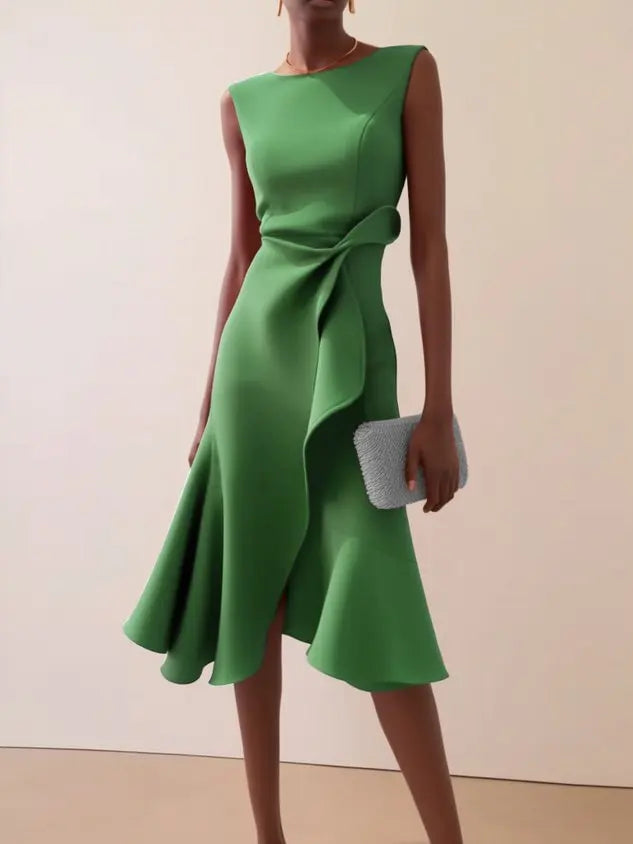 Sleeveless Midi Dress with Draped Waist and Asymmetric Hem