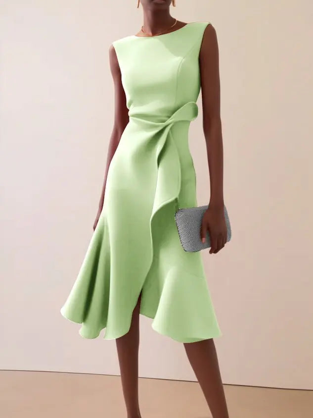 Sleeveless Midi Dress with Draped Waist and Asymmetric Hem