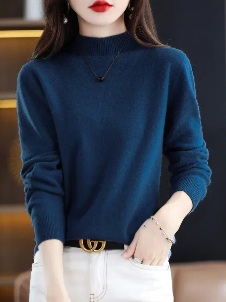 Women's Long Sleeve Knit Jumper with a High Neck – Navy