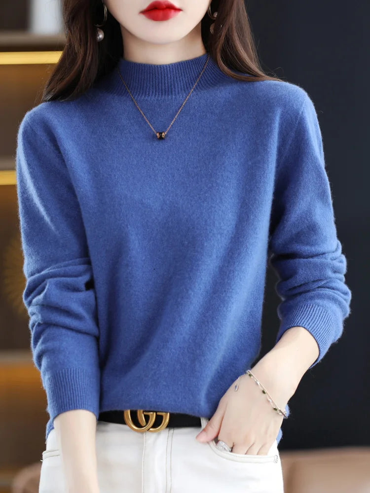 Women's Long Sleeve Knit Jumper with a High Neck – Blue