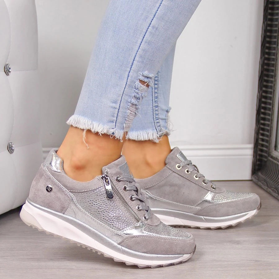 Silver Lace-Up and Zipper Women's Sneakers
