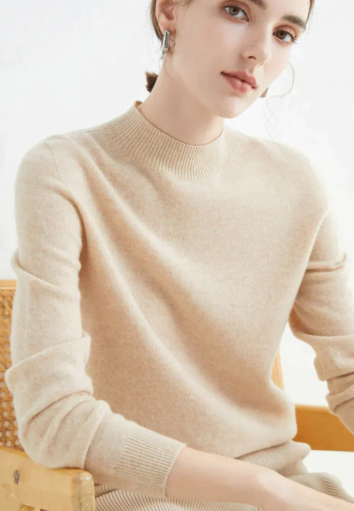 Women's Knitted Roll Neck Jumper with Long Sleeves - Beige