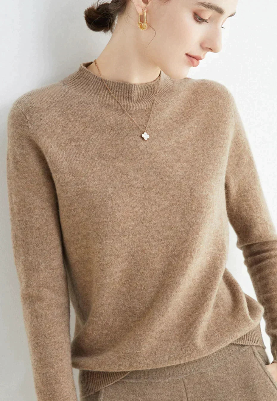 Women's Knitted Roll Neck Jumper with Long Sleeves - Taupe