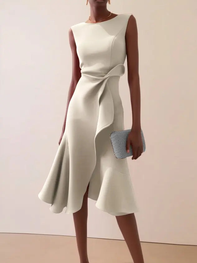 Sleeveless Midi Dress with Draped Waist and Asymmetric Hem