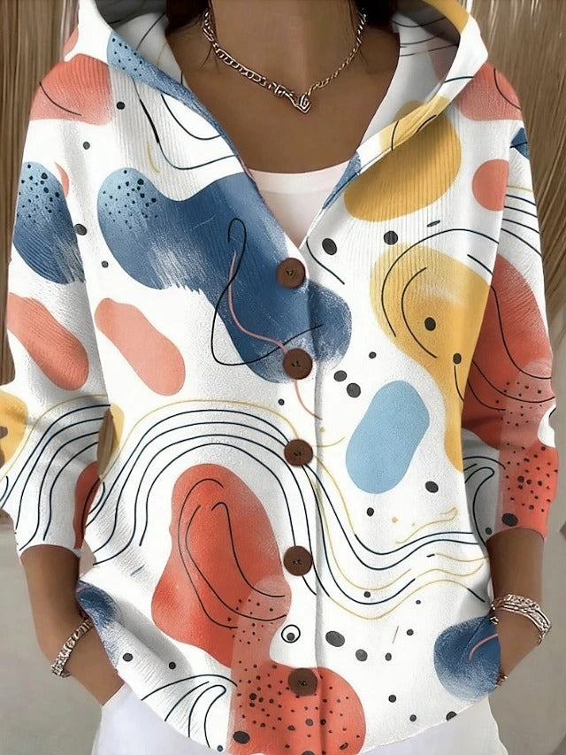 Women's Hooded Knit Jumper with a Button Front – Blanc Multicolore