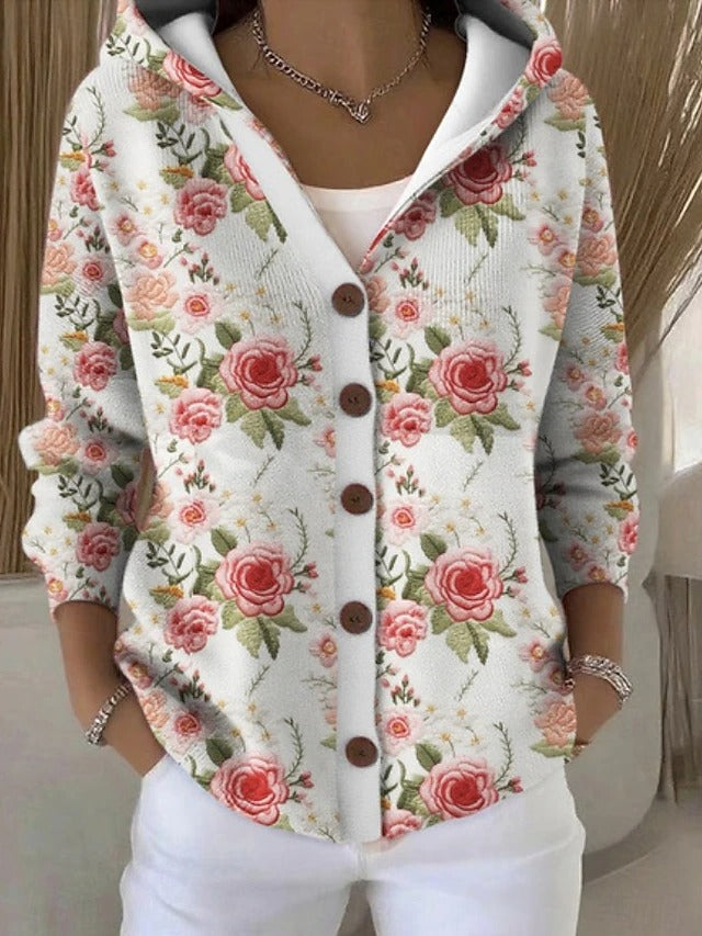 Women's Hooded Knit Jumper with a Button Front – Blanc Floral