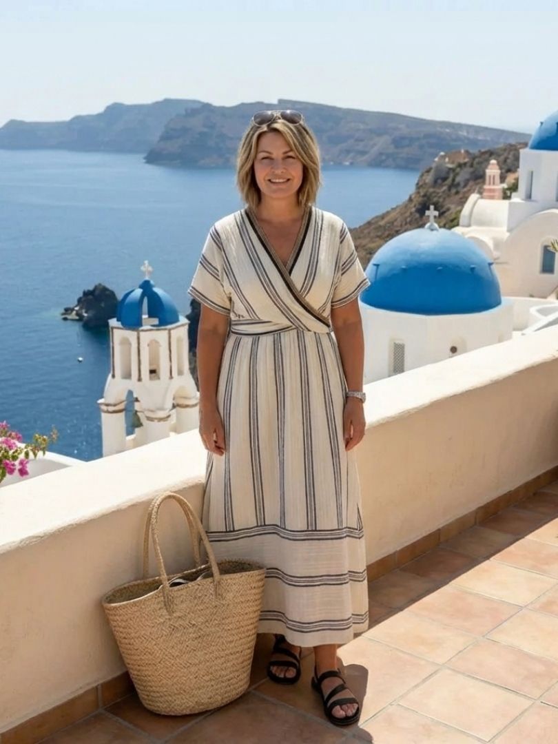 Thalassa | V Neck Short Sleeve Wrap Waist Midi Dress