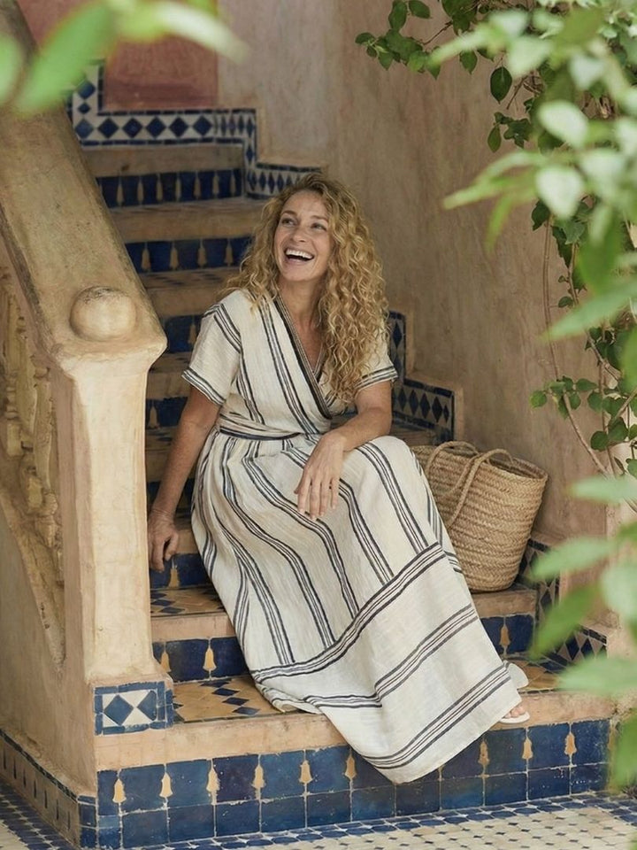 Thalassa | V Neck Short Sleeve Wrap Waist Midi Dress