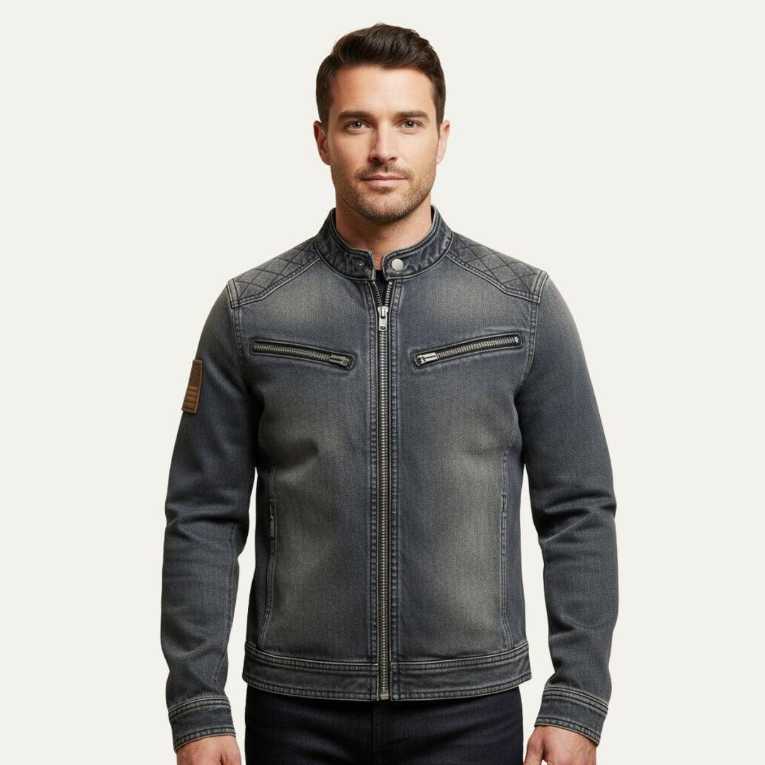Men's Denim Jacket with Zip Front and Collar
