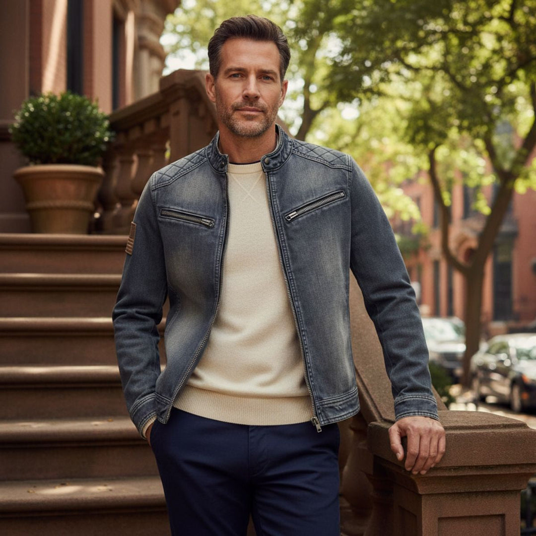 Men's Denim Jacket with Zip Front and Collar