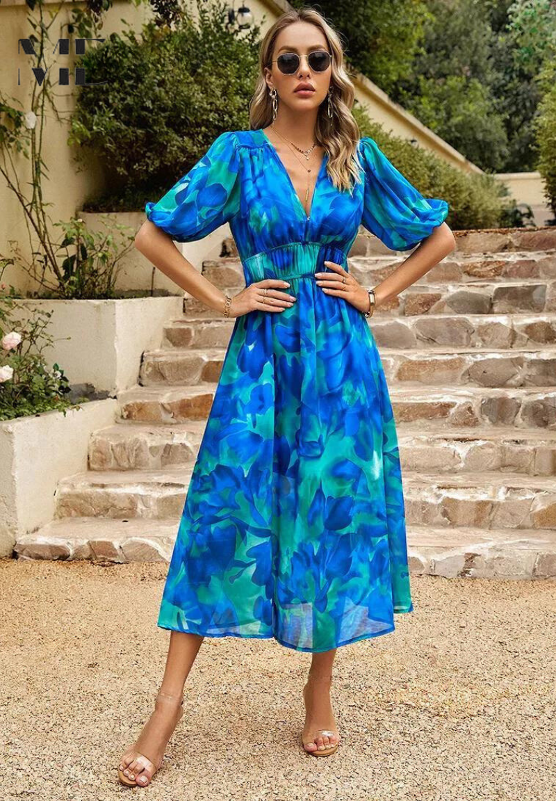 Chic Floral Midi Dress with Romantic Puff Sleeves