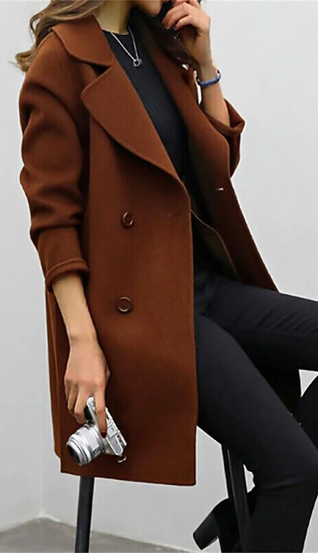 Women's Double-Breasted Coat with Wide Lapel Collar