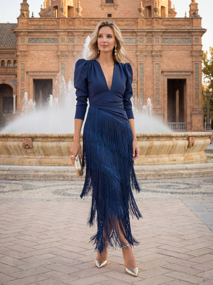 Women's Long Sleeve Maxi Dress with a V-Neck – Blue