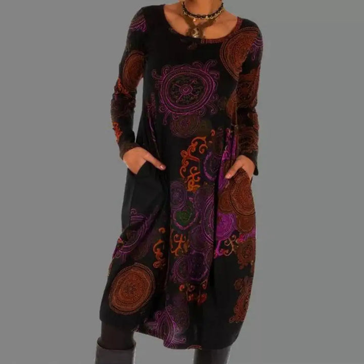 Long Sleeve Bohemian Midi Dress Unique Print