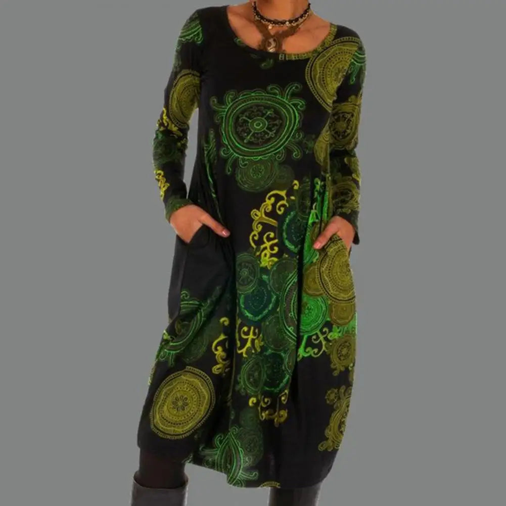 Long Sleeve Bohemian Midi Dress Unique Print