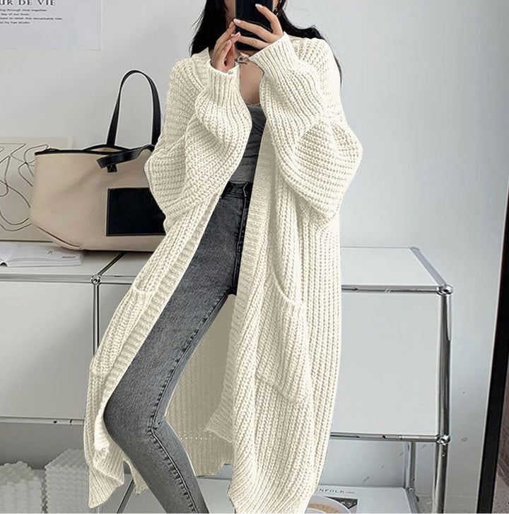 Women's Longline Warm Cardigan in Khaki - White