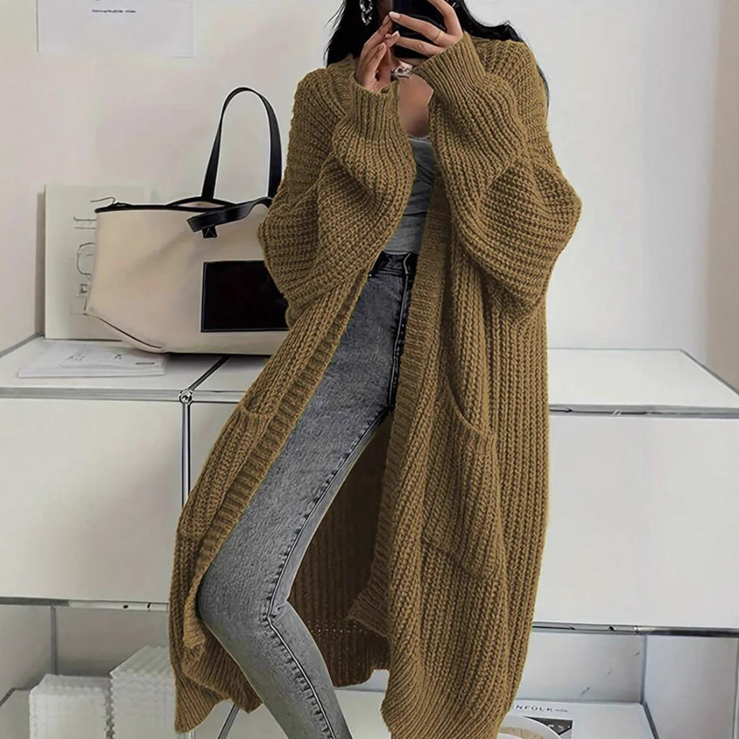 Women's Longline Warm Cardigan in Khaki - Olijf