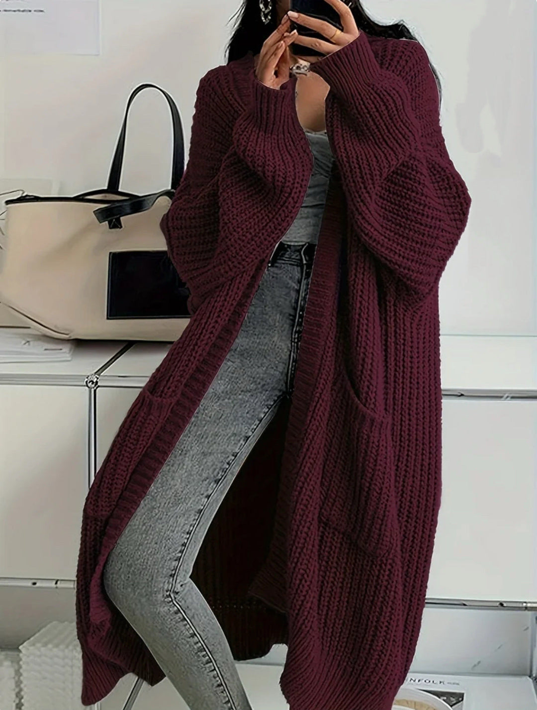 Women's Longline Warm Cardigan in Khaki - Bordeaux