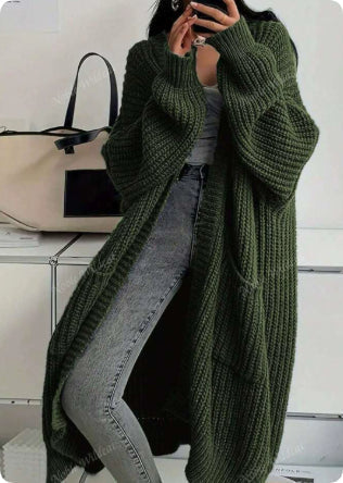Women's Longline Warm Cardigan in Khaki - Dark Green