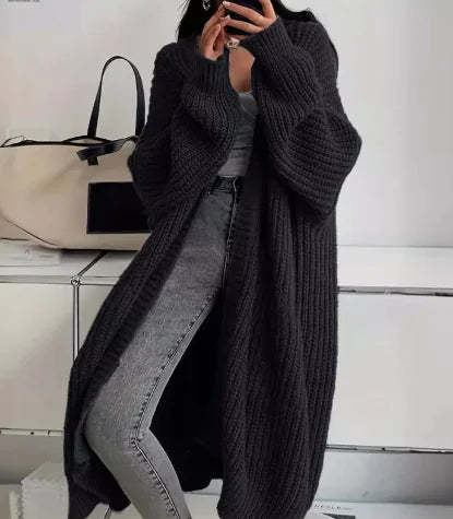 Women's Longline Warm Cardigan in Khaki - Black