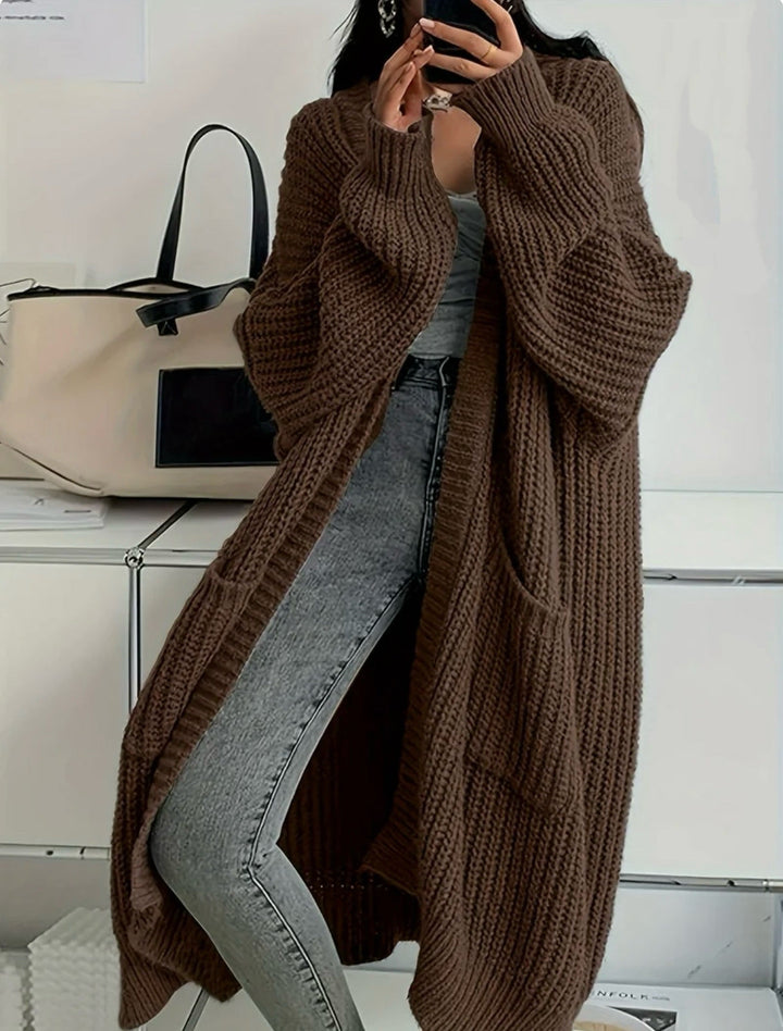 Women's Longline Warm Cardigan in Khaki - Brown